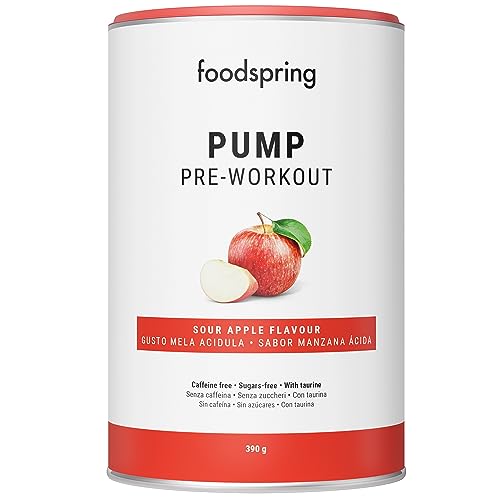 foodspring Pump Pre Entreno de refuerzo - Bebida preentreno gimnasio fuerte sin cafeína ni azúcar - Pre entrenos potentes para el crecimiento y el rendimiento muscular (390g | Manzana Ácida)