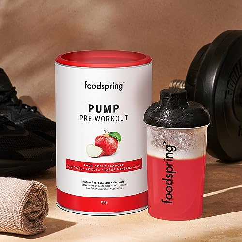 foodspring Pump Pre Entreno de refuerzo - Bebida preentreno gimnasio fuerte sin cafeína ni azúcar - Pre entrenos potentes para el crecimiento y el rendimiento muscular (390g | Manzana Ácida)
