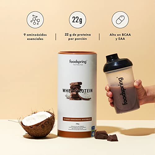 foodspring Whey Proteína Polvo Chocolate y Coco - 22g de proteína para construcción muscular, perfectamente soluble, leche de libre pastoreo, rica en BCAAs y EAAs - 750g