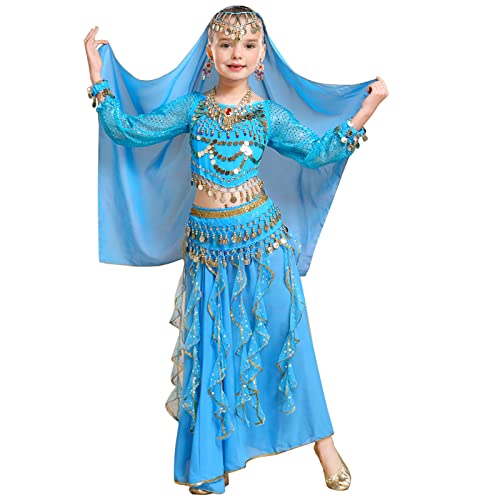 FORMIZON Traje de Danza del Vientre para Niñas, 6 Piezas Mujer Señoras Danza del Vientre Conjunto de Vestuario Danza India Rendimiento Outfit, Niños Traje de Princesa Conjunto de Carnaval (S, Azul)