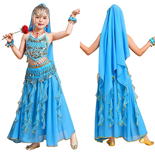 FORMIZON Traje de Danza del Vientre para Niñas, 6 Piezas Mujer Señoras Danza del Vientre Conjunto de Vestuario Danza India Rendimiento Outfit, Niños Traje de Princesa Conjunto de Carnaval (S, Azul)