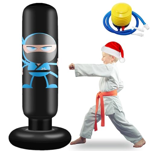 FOYOCER Saco de Boxeo Hinchable de Niños Saco de Arena Inflable de Pie para Practicar Karate MMA Bolsa de Boxeo Fitness para Nniños 61” (Ninja Negro)