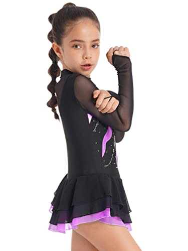 Freebily Vestido de Danza para Niña Maillot de Manga Larga con Brillante Leotardo Gimnasia Rítmica Maillot de Patinaje Competición Traje de Baile A Morado 9-10 años