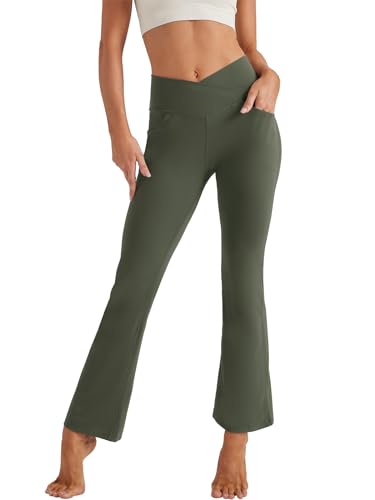 Friptspyg Femeninas Corte Bota de Yoga para Pantalla Cinturones Altos en Forma de V Bolsillos Ajustados para Hacer Ejercicio en el Gimnasio Entrenamiento, Verde Militar M