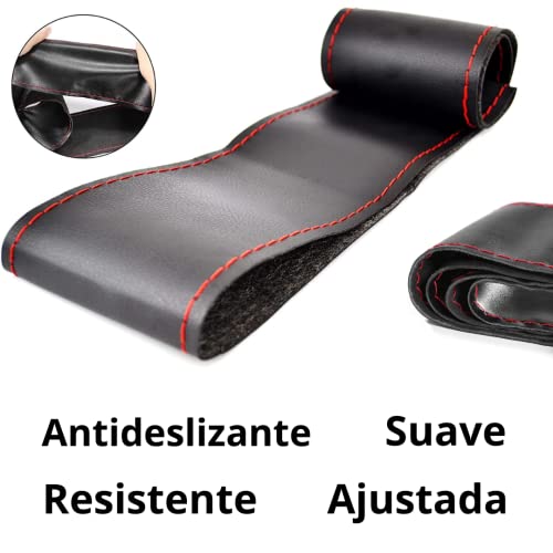 Funda Volante Cosida de Microfibra de Cuero (37-38 cm) - para Coche Universal - (Negra/Roja)