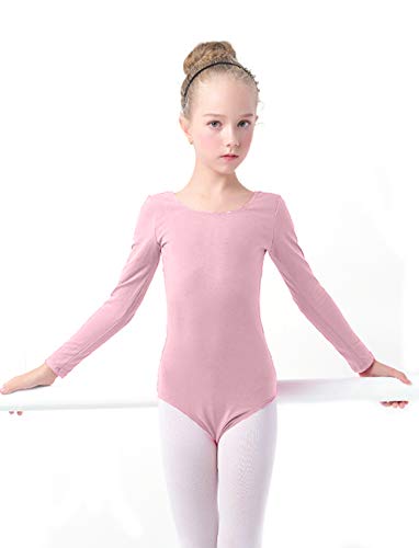 furein Maillot de Danza Ballet Gimnasia Leotardo Body Clásico Elástico para Niña de Manga Larga Cuello Redondo (8 años, Rosa)