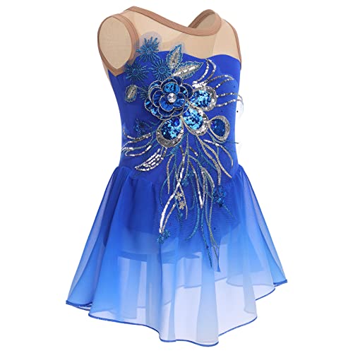 FYMNSI Vestido de patinaje artístico para niña, con lentejuelas, flores, de gasa, sin mangas, para ballet, para 3-12 años, azul cobalto, 7-8 Años