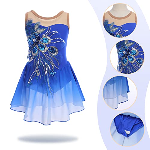 FYMNSI Vestido de patinaje artístico para niña, con lentejuelas, flores, de gasa, sin mangas, para ballet, para 3-12 años, azul cobalto, 7-8 Años