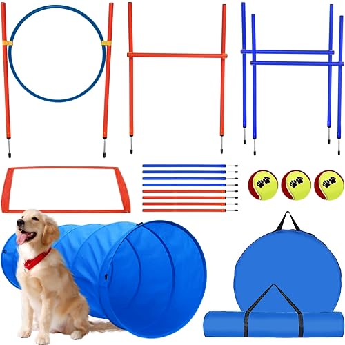 G TALECO GEAR Agility - Juego de 5 piezas para perros agilidad con túnel de 180 cm, anillo de salto ajustable, 3 barras de vallas ajustables, 8 barras de eslalom