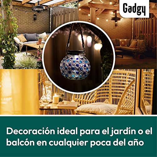 Gadgy ® Set Lampara Solar Mesa Azul | 2 Piezas Hecho de Vidrio | Lanterna LED de Efecto Luz Mosaico | Para Casa, Jardin, Exterior | Mirada Unica[Clase de eficiencia energética A++]