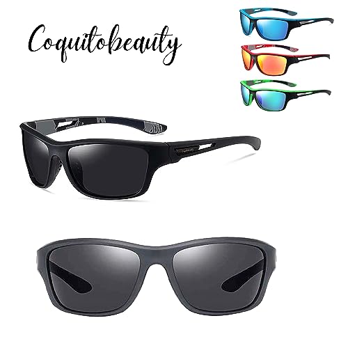 Gafas Polarizadas de Sol para hombre mujer Coquitobeauty protección 100%UVA incluye bolso para guardar Gafas de Sol deportivas unisex con cordón ajustable,ideal Pesca,Ciclismo,Running,montaña (NEGRO)