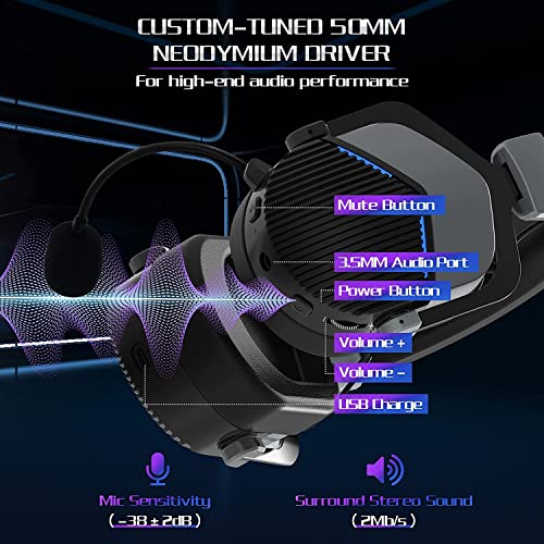 GameXtrem Auriculares inalámbricos para Videojuegos PS4 PS5 PC, Auriculares inalámbricos con micrófono, cancelación de Ruido, Auriculares Envolvente 3D para Ordenador portátil