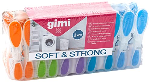 GIMI Soft & Strong - Pinzas para la ropa, con mango suave, con resorte galvanizado, plástico, multicolor, 3 x 1.8 x 8.5 cm, 20 piezas