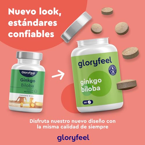 Ginkgo Biloba - 365 Tabletas Veganas (Para 1 año) - Extracto Premium 50:1 - Flavonoides Glucosídicos + Terpenoides - Para la Memoria y la concentración - Sin aditivos