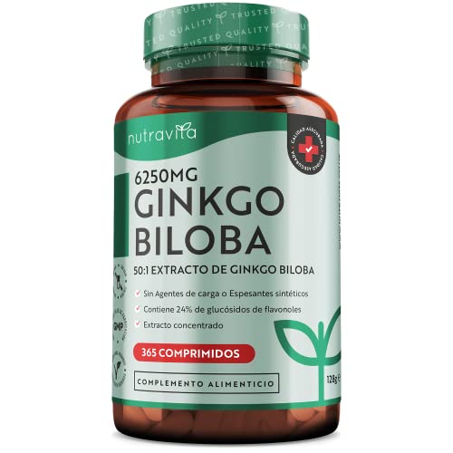 Ginkgo Biloba 6250 mg - 365 Comprimidos - Extracto de Gingko Biloba Vegano 50:1 - Alta Dosis Ginko Biloba Capsulas con 24% Glucósidos de Flavonoles - Mejora Concentración y Memoria - Nutravita