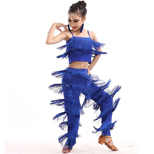 GIUIOY Trajes de Baile Latino de 2 Piezas for niñas, Camisola con Flecos y Flecos, Conjunto de Traje de Baile de salón, Pantalones de práctica de Tango y Salsa (Color : Blue, Size : 140)