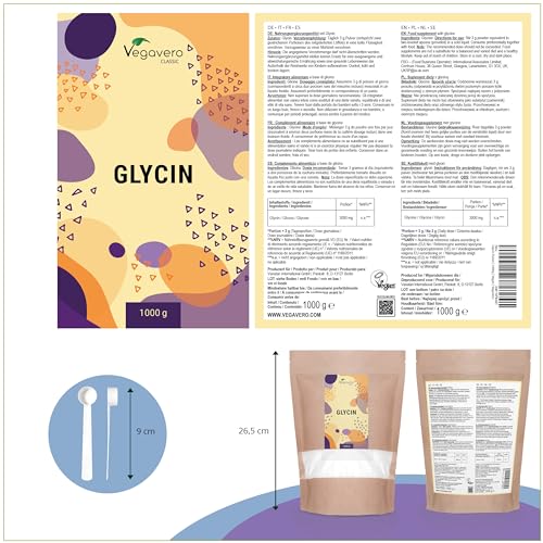 Glicina Polvo Vegavero® | Puro & Sin Aditivos | 1 kg Glycine | Con Cuchara Medidora | Articulaciones + Huesos + Músculos | Vegano & Testado en Laboratorio