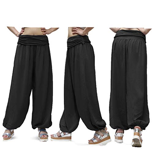 Gloop HS201701 - Pantalones bombachos para mujer, de verano, tipo harén, para tiempo libre, diseño de flores o colores lisos Negro 13090a31 XL/3XL