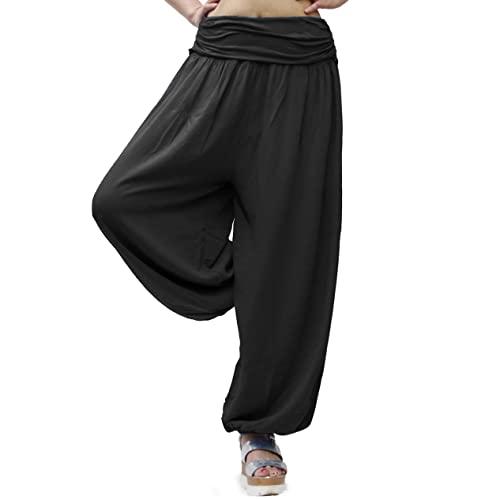 Gloop HS201701 - Pantalones bombachos para mujer, de verano, tipo harén, para tiempo libre, diseño de flores o colores lisos Negro 13090a31 XL/3XL