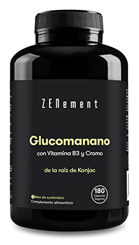 Glucomanano 4200 mg por dosis, con Vitamina B3 y Cromo, 180 Cápsulas Veganas | Efecto saciante, Pastillas efectivas para Mujer y Hombre | Fibra Vegetal de la Raíz de Konjac | Zenement