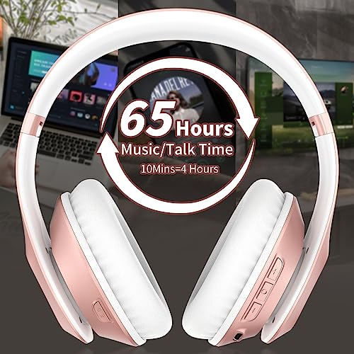Glynzak Auriculares Inalambricos Bluetooth Rosa Diadema V5.3 Bluetooth 6EQ Modos 65H Tiempo de Reproducción HiFi Estéreo con Micrófono Plegable Auriculares Inalámbricos para Deportivos/PC/TV/iPhone