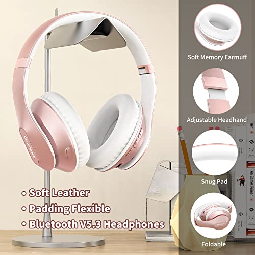 Glynzak Auriculares Inalambricos Bluetooth Rosa Diadema V5.3 Bluetooth 6EQ Modos 65H Tiempo de Reproducción HiFi Estéreo con Micrófono Plegable Auriculares Inalámbricos para Deportivos/PC/TV/iPhone