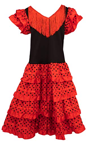 Gojoy shop - Disfraz de sevillana flamenco para niña, contiene: vestido, mantón y accesorios. (3 colores y 5 tallas diferentes.) (ROJO, 6)