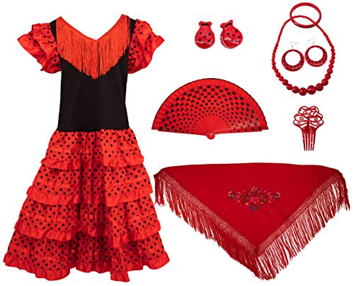 Gojoy shop - Disfraz de sevillana flamenco para niña, contiene: vestido, mantón y accesorios. (3 colores y 5 tallas diferentes.) (ROJO, 6)