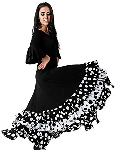 Gojoy shop- Falda Profesional de Lunares para Baile Danza Flamenco o Sevillanas para Mujer con 3 Volantes (L, Blanco)