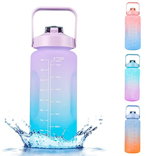 GOXFACA - Botella de agua deportiva de 2 litros sin BPA con marca de tiempo, botella de agua motivadora con pajita, a prueba de fugas, adecuada para gimnasio, al aire libre, oficina
