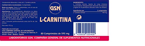 GSN | L-Carnitina Tartrato | Aumento de Energía, Rendimiento Deportivo y Recuperación | Incrementa Fuerza y Vitalidad en Dietas | Quema Grasas | Reduce Sensación de Hambre | 80 comprimidos | 748 mg