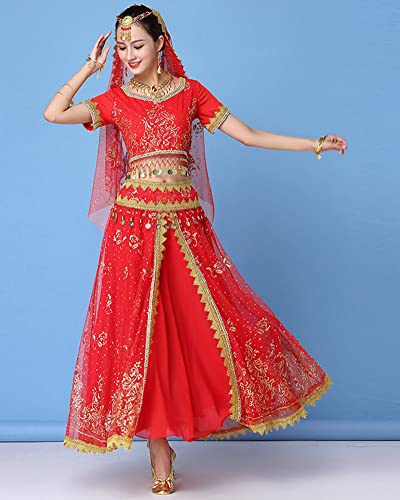GUOCU Mujer Indio Bollywood Conjunto de Traje de Baile Tops de Gasa y Falda Larga Accesorios de Lentejuelas Práctica de actuación Traje de Carnaval Profesional de Danza del Vientre Rojo(8PCS) XL