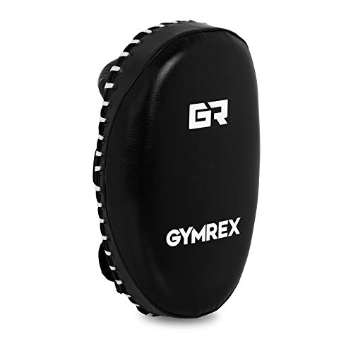 Gymrex Pao para Boxeo y Arates Marciales GR-HT 21W (Cuero sintético y Espuma PE, Acolchado: 80 mm, Superficie de golpeo: 350 x 210 mm, Negro, Costura Blanca)