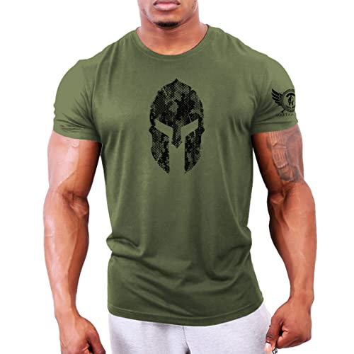 GYMTIER Spartan Helmet Hex Camo - Camiseta de gimnasio para hombre, para culturismo y levantamiento de pesas, verde, L
