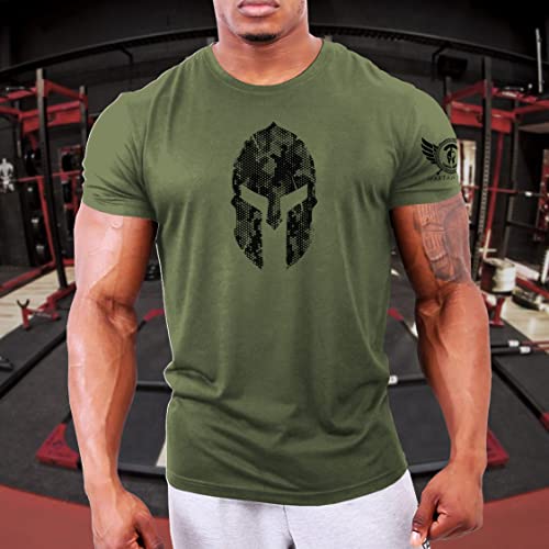 GYMTIER Spartan Helmet Hex Camo - Camiseta de gimnasio para hombre, para culturismo y levantamiento de pesas, verde, L