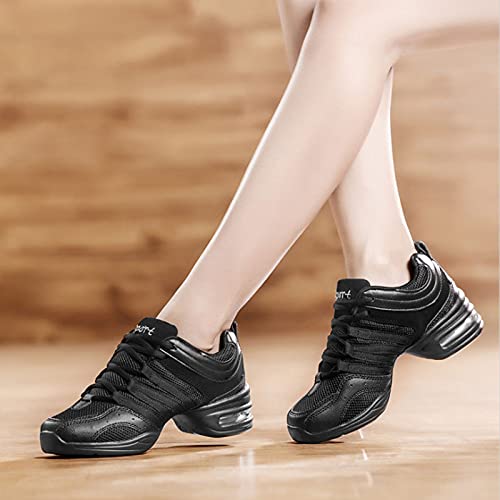 H/A Zapatillas de baile para mujer, zapatos de jazz, con cordones, para salón de baile al aire libre, suela dividida, ligera, transpirable, plataforma de señora, Black, 38 EU
