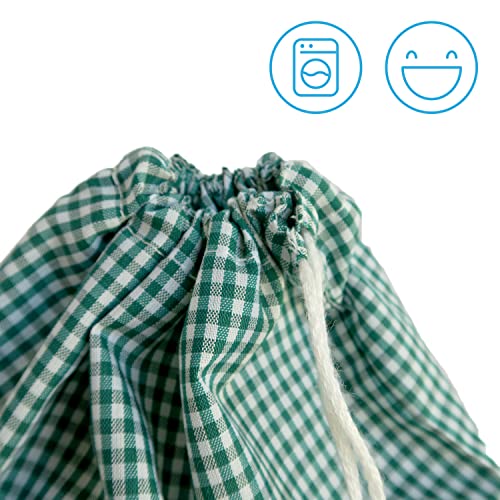 Haberdashery Online Bolsa reutilizable para ropa con estampado vichy color verde. Bolsa de tela lavable para colegio, ideal para recambio ropa niños. Saco ecológico para ropa, zapatos, pañales.