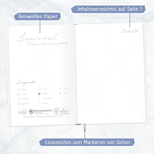 Häfft Bullet Journal Dotted A5 con banda elástica [mármol blanco] 156 páginas | cuaderno punteado, diario | sostenible y respetuoso con el medio ambiente