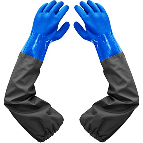 Haiou Guantes de estanque, guantes largos de PVC de goma impermeables con codo de longitud, guantes de acuario, 25 pulgadas, color Azul, 65cm