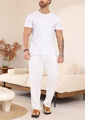 Halfword Pantalones Lino Hombre Verano Casuales Anchos Largos Pantalon Blanco Playa Yoga Blanco XL