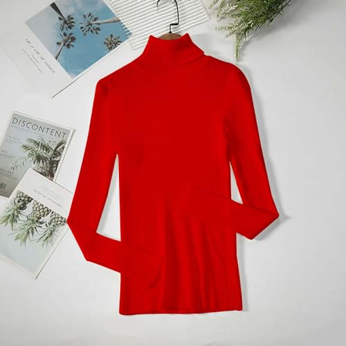 Hanaoops Suéter Mujer de Cuello Alto Mangas Largas Elegante Jersey Interior Delgado Camisetas de Punto Grueso Básico Rojo