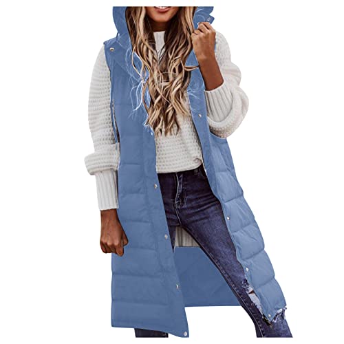 HANXIULIN Chaleco acolchado para mujer, largo de plumón, sin mangas, chaqueta con cremallera, chaleco deportivo para exteriores, chaqueta de entretiempo, azul, L
