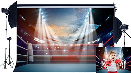 Haosphoto Telón de fondo de anillo de boxeo para fotografía de 7 x 5 pies, focos de escenario de partido de boxeo, interior, estadio, gimnasio, fondo para hombres, lucha, artes marciales, competición,