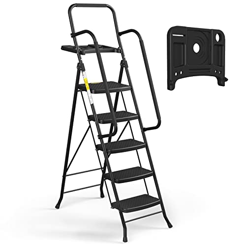 HBTower Escalera Plegable de 5 peldaños con pasamanos, con Plataforma para Herramientas, Escalera de Acero portátil de 150 kg, para Adultos, para el hogar, Cocina, Biblioteca, Oficina, Negro