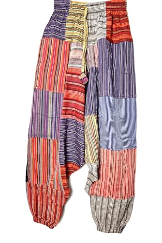 HCZ Pantalones Hippies De Mujer Pantalones De Parches Multicolor Entrepierna Caída,Algodón,Talla Unica,Hecho a Mano En Nepal