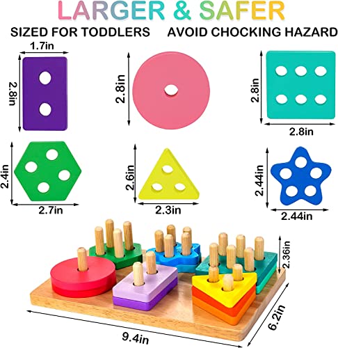HELLOWOOD Juguetes Montessori Educativos para Niñas y Niños Pequeños de 1 2 3 Años, Juguetes de Madera para Apilar y Encajar para Bebés con 24 Bloques Geométricos de Colores