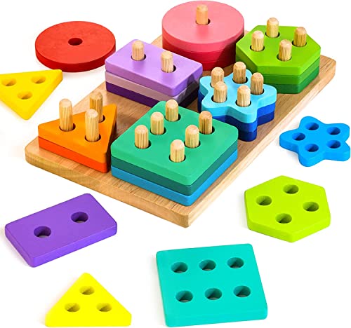 HELLOWOOD Juguetes Montessori Educativos para Niñas y Niños Pequeños de 1 2 3 Años, Juguetes de Madera para Apilar y Encajar para Bebés con 24 Bloques Geométricos de Colores
