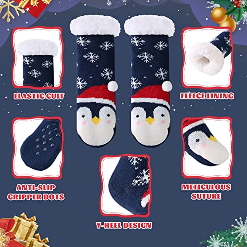 HERYEBING Calcetines Antideslizantes para Niños,Calcetines Pantuflas de Casa para Invierno Navidad Niño Niña,Calcetines Gruesos de Piso con Forro Polar y Suela de Goma Pinguino Azul Marino 8-12 Ans