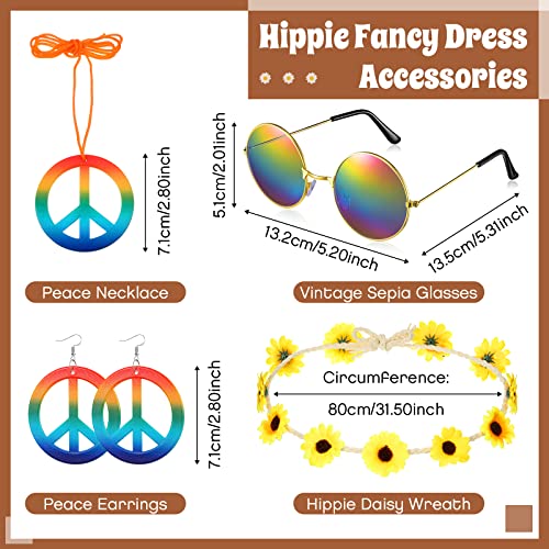 Hicarer 6 Piezas Set de Accesorios de Disfraz de Hippie de Los Años 60 y 70 Poncho Collar y Pendientes de Signo Paz Cinta de Cabeza de Hippie Diadema de Flor Gafas de Sol para Fiesta Mujer (Flor)