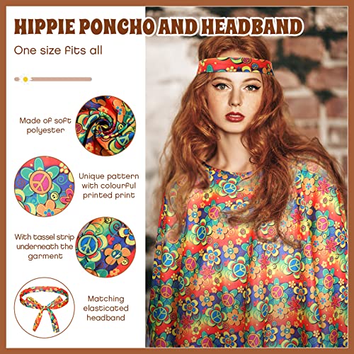 Hicarer 6 Piezas Set de Accesorios de Disfraz de Hippie de Los Años 60 y 70 Poncho Collar y Pendientes de Signo Paz Cinta de Cabeza de Hippie Diadema de Flor Gafas de Sol para Fiesta Mujer (Flor)